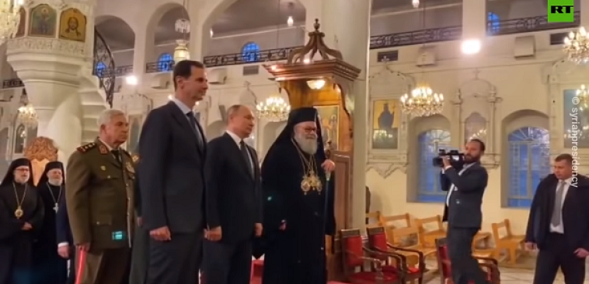 بوتين والأسد فى زيارة الكاتدرائية المريمية أقدم كنيسة في سوريا